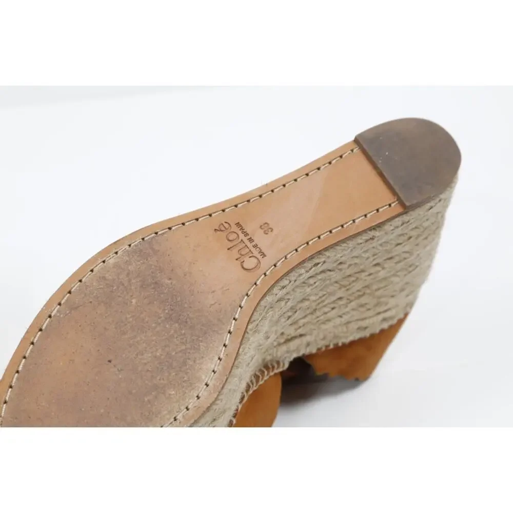 Chloe Lauren Scalloped Suede Espadrille Wedge Sandals 38 Tan Chestnut Platforms